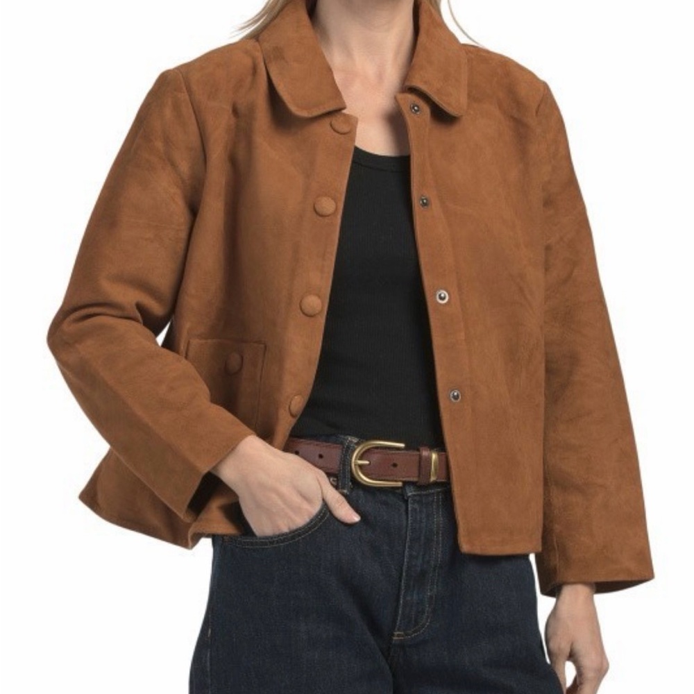 House of Harlow 1960 Camel Suede Leather Swing Jacket Coat Size Large